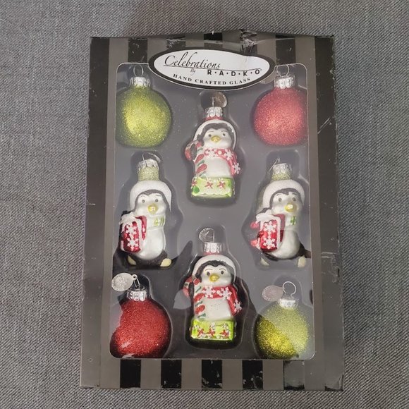 Celebrations by Radko Penguins w Gifts Glitter Balls Ornament Set Box Glass 8pc - Picture 1 of 7